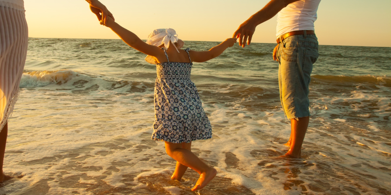 Plan Your Outer Banks Vacation Today! Image of family walking through the ocean at sunset.