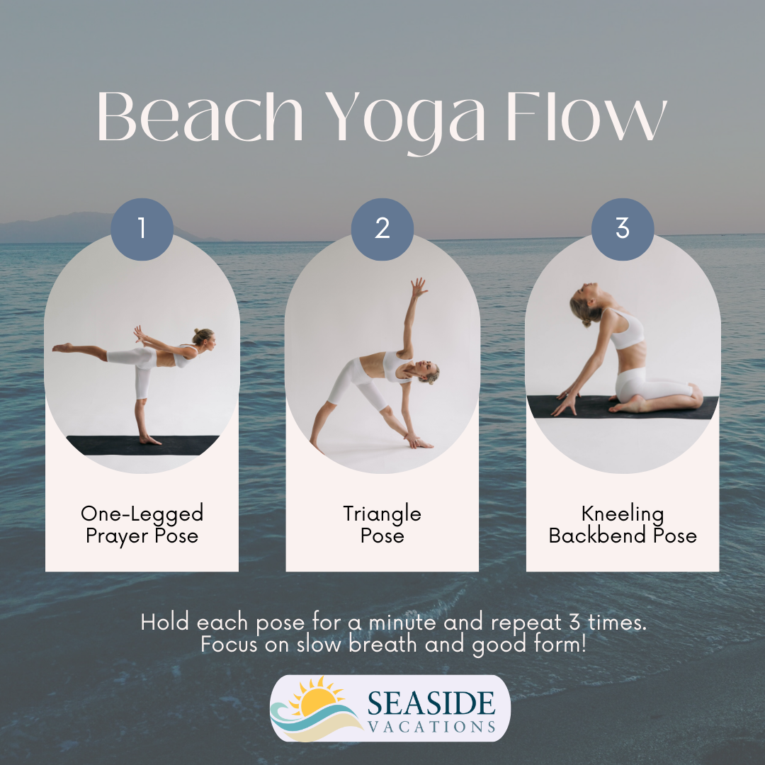 Beach Yoga Flow Beach yoga flow infographic. One-legged prayer pose, triangle pose, kneeling backbend pose.