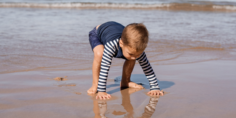 Do not pick up, poke, or prod ghost crabs; boy in striped shirt leaning on sand, hands in water.